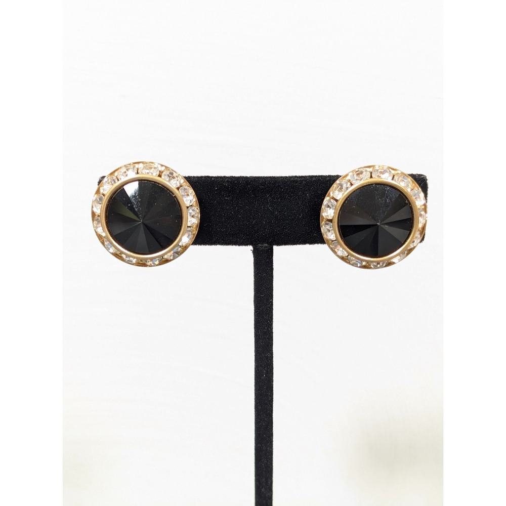 Vintage Black Rivoli Crystal Round Halo Clip On Statement Earrings Gold Tone